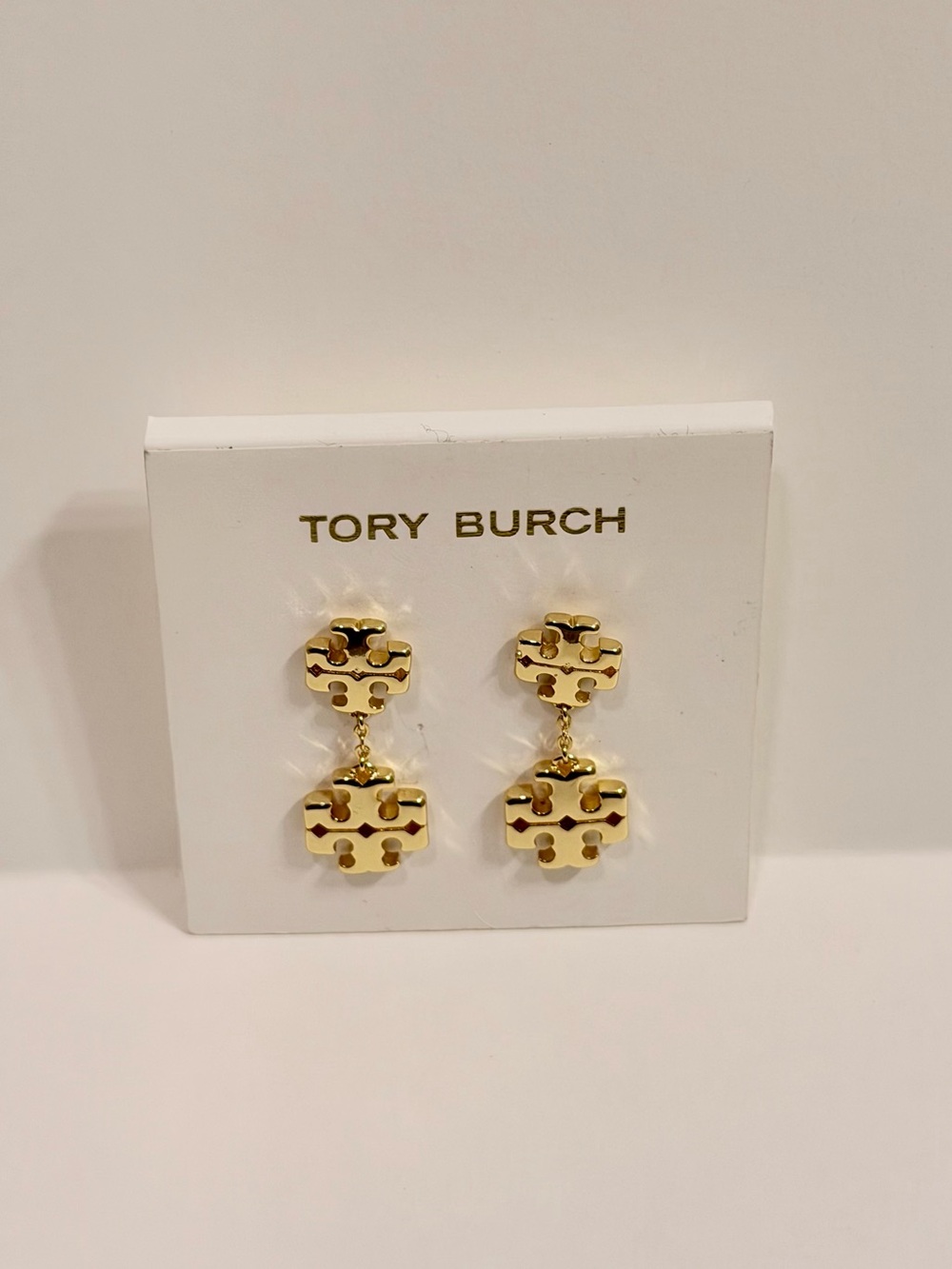 Tory Burch Gold Kira Linear Double Logo Drop Gifts Earrings NEW